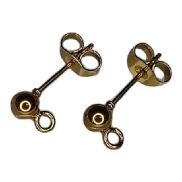 Earring stud pair with ball and ring, stainless steel, 4mm bead, gold