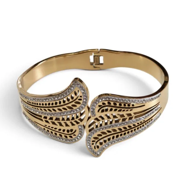 Filigree Feather Wing Crystal Hinged Bangle - Gold Stainless Steel