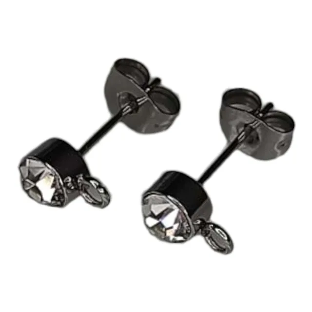 Earring stud pair w rhinestone & ring, stainless steel, 6mm
