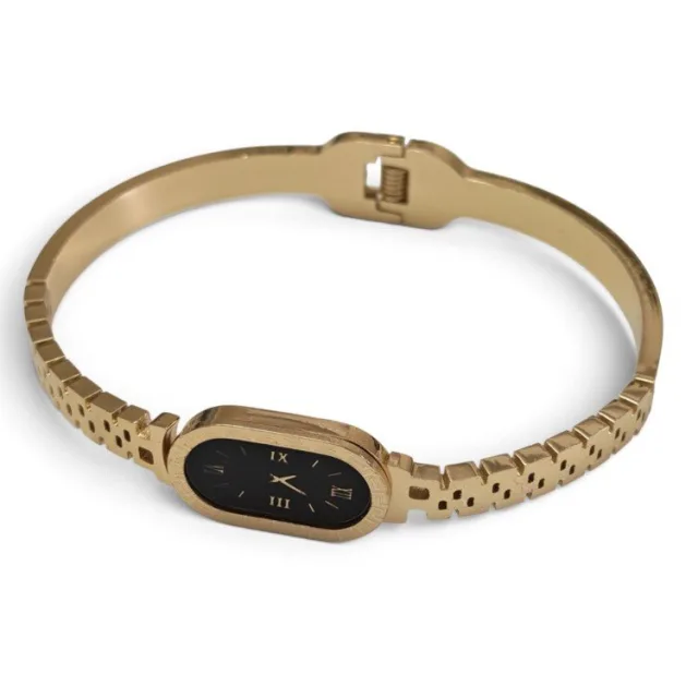 Faux Watch Dial Hinged Bangle - Gold Stainless Steel