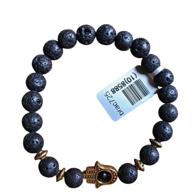 Lava bead bracelet w gold hamsa hand, stretchcord