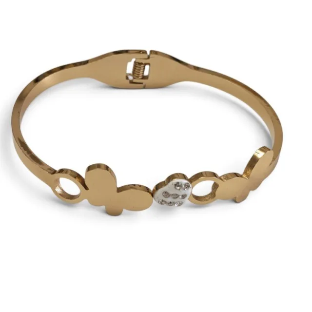 Butterfly Silhouette Hinged Bangle with Crystal Accent Charm - Gold Stainless Steel
