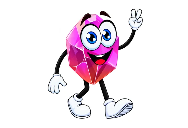 Smiling pink faceted gemstone mascot walking and making a peace sign