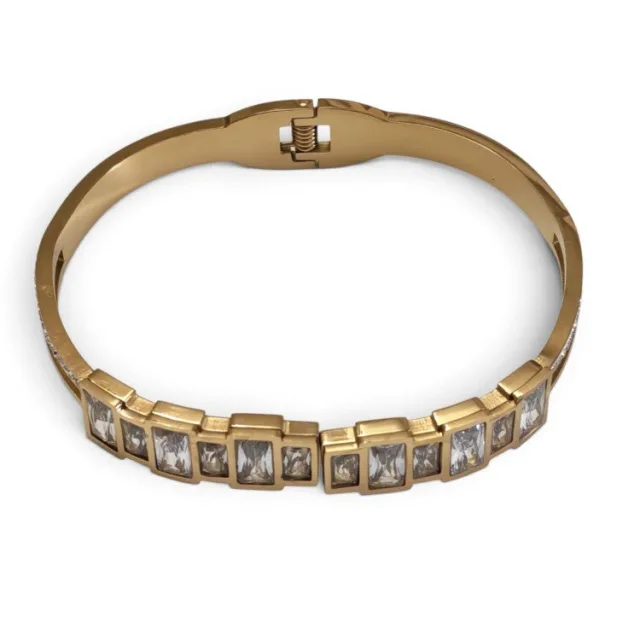 Geometric Emerald-Cut Jewel Hinged Bangle - Gold-Tone Stainless Steel