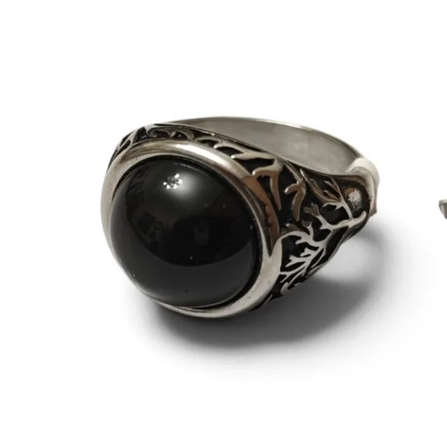 Stainless Steel Black Onyx ring in sizes 8 to 12, tree of life
