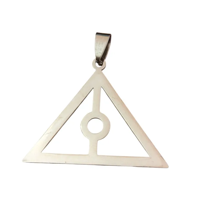 Triangle pendant, stainless steel, open geometric design with central circle, 40mm