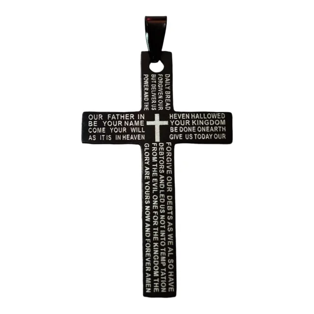 Black Cross pendant with silver prayer engraved on it