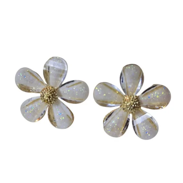 Translucent Glitter Floral Stud Earrings – Gold-Tone Stainless Steel (22mm)