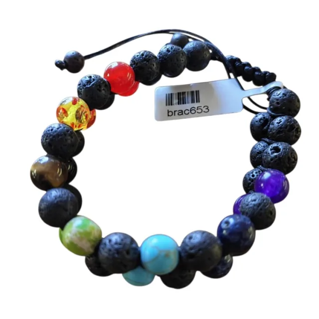 Diagonal Chakra & lava bracelet, double row, adjustable