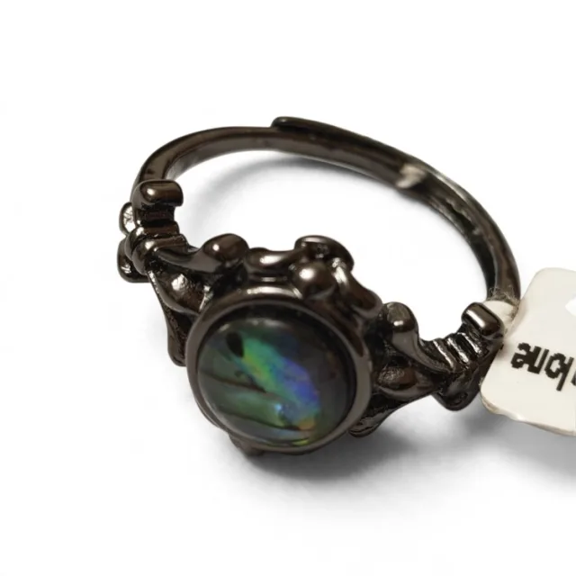 Black Dress Ring with Abalone Shell Cabochon, Adjustable