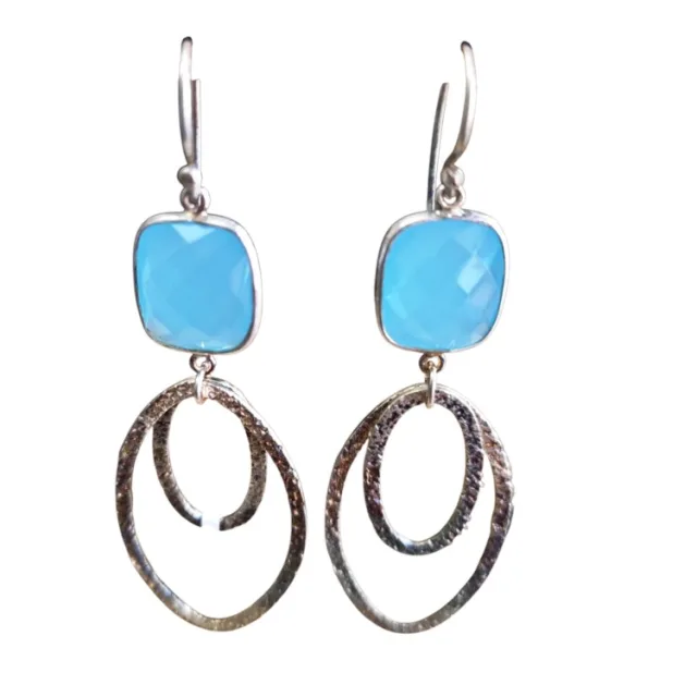 Blue chalcedony faceted cushion-like cut dangle earrings, set in 925 silver