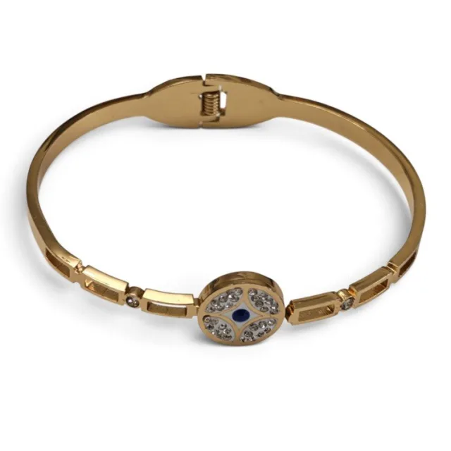 Evil Eye pave Crystal Disk Hinged Bangle - Gold Stainless Steel