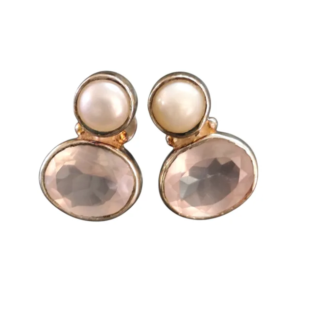 Morganite with Freshwater pearl gemstone stud earrings set in 925 silver