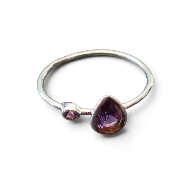Amethyst Pear cut with round cut ring in 925 silver, size 8