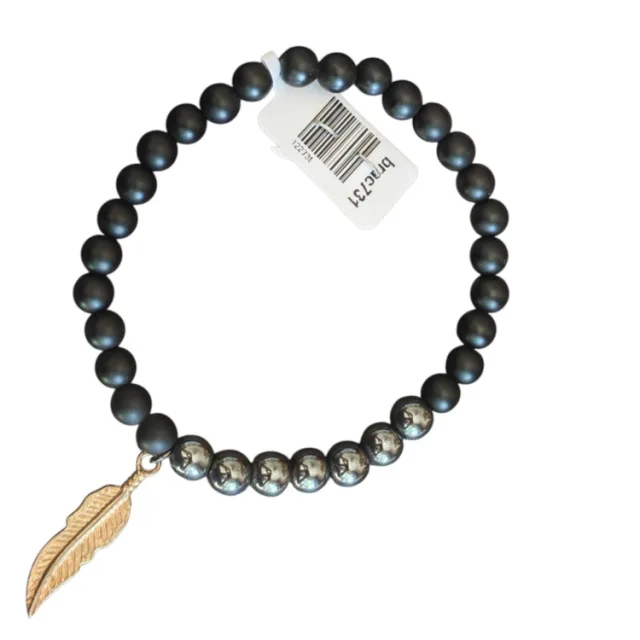 Matte obsidian with hematite bead bracelet with gold color feather charm, stretch cord