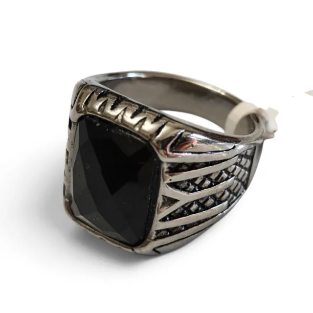 Stainless steel ring, size 6-13, Silver with Black Onyx