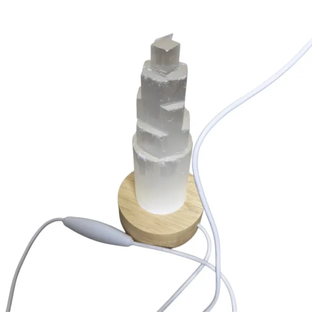Selenite Crystal Tower Lamp with Wooden Base, 18.5cm
