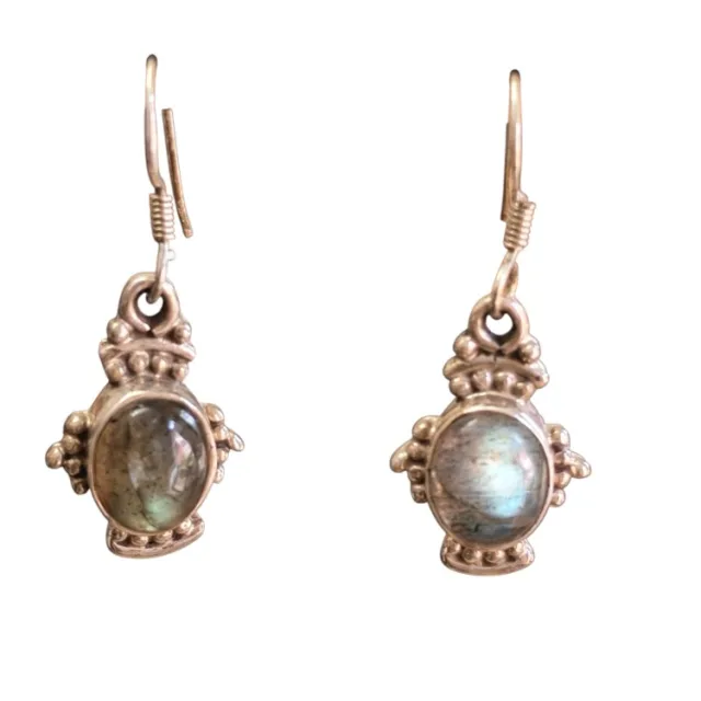 Labradorite cabochon dangle earrings, Oval cut, set in 925 silver