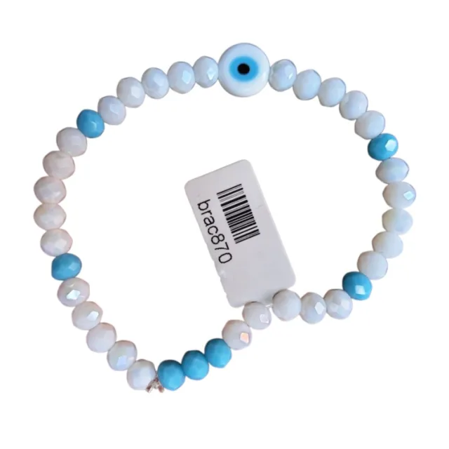 Blue & white glass beads with Evil eye bead bracelet, stretch cord