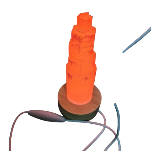 Selenite Crystal Tower Lamp with Wooden Base, 18.5cm
