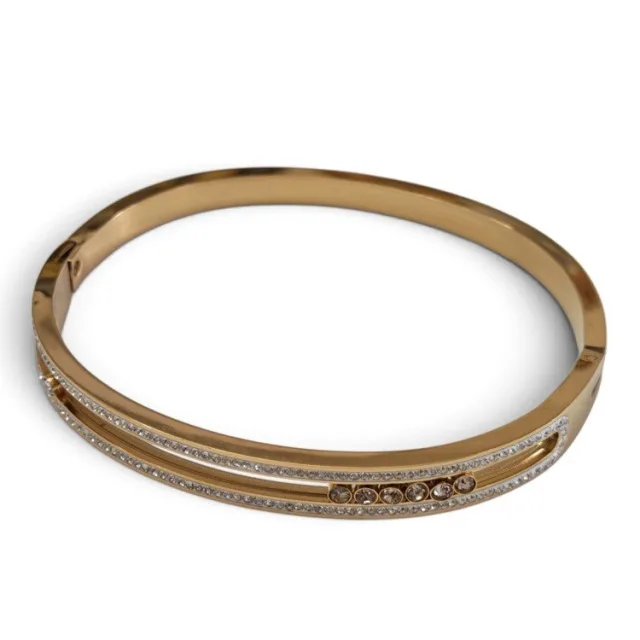 Double-Row pave Crystal Sliding Stone Hinged Bangle - Gold Stainless Steel