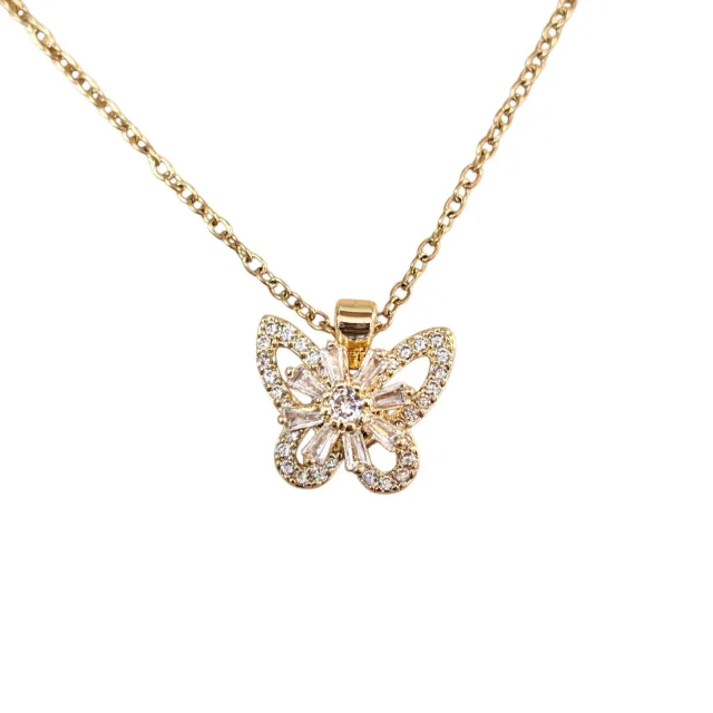 Gold Stainless Steel Pave Cubic Zirconia Butterfly Pendant Necklace