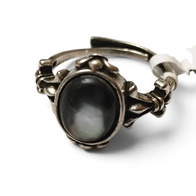 Oval black shell cabochon vintage inspired dress ring, adjustable