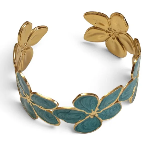 Teal Enamel Flower Garland Cuff Bangle - Gold Stainless Steel