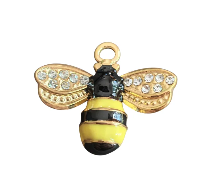Pendant, stainless steel, bee with black and yellow enamel and crystal wings, 27mm (Gold)