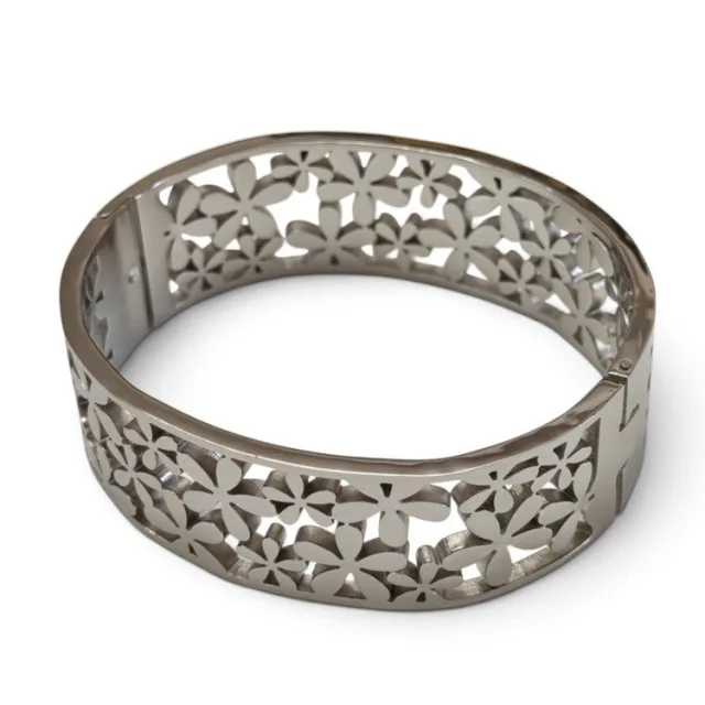 Meadow Blossom Open-Work Statement Cuff Bangle - Silver-Tone Stainless Steel