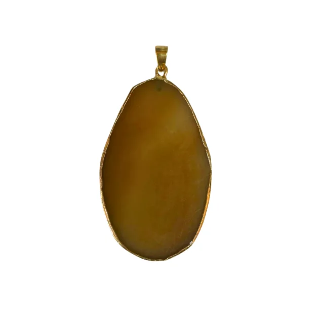 Agate slice pendant, Tan brown, gold trim, 60-80mm