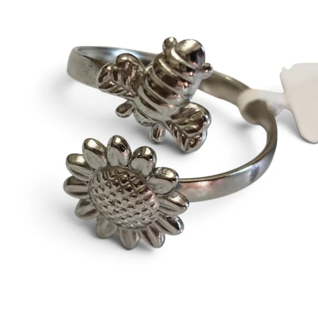 Stainless steel sunflower & bee ring, adjustable