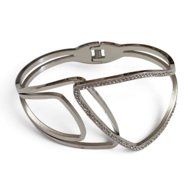Geometric Crossover Hinged Bangle with pave Crystals - Stainless Steel