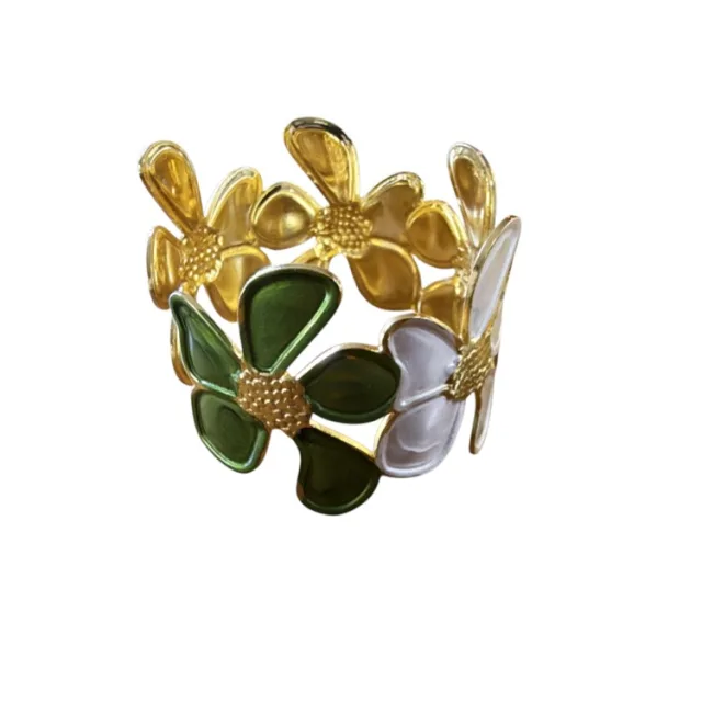 Green &amp; White Enamel Flower Garland Cuff Bangle - Gold Stainless Steel