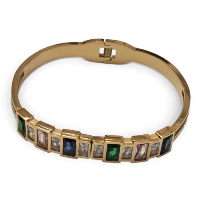 Geometric Emerald-Cut Jewel Hinged Bangle - Gold-Tone Stainless Steel