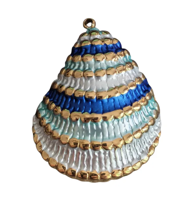 Pendant, stainless steel, conch shell with blue and white enamel and gold beaded accents, 30mm (Gold)