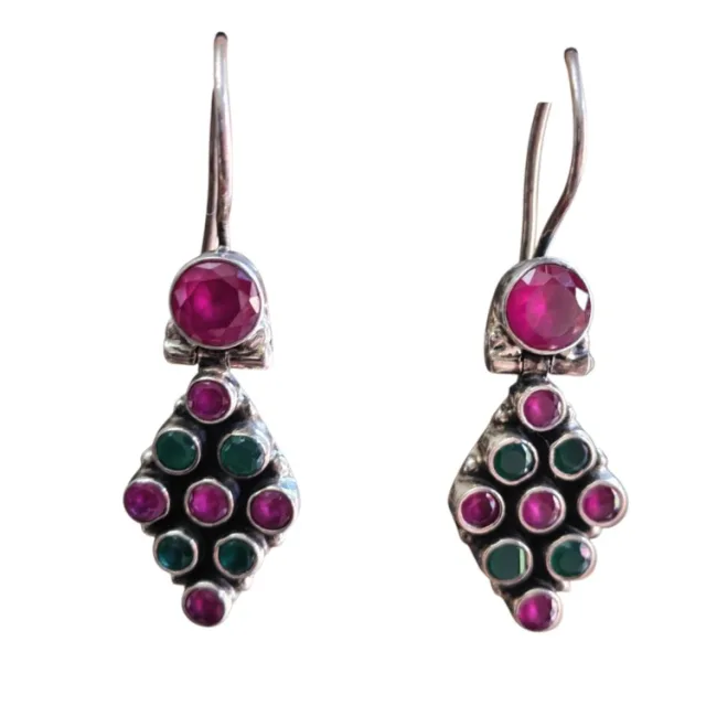 Ruby and Emerald cluster dangle earrings set in 925 silver, 42mm hanging length