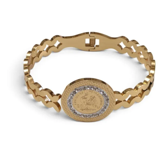 French Coin Medallion pave Crystal Hinged Bangle - Gold Stainless Steel