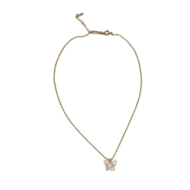 Gold Stainless Steel Pave Cubic Zirconia Butterfly Pendant Necklace