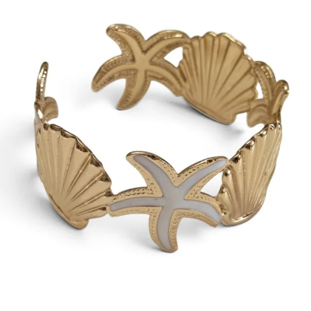 Gold Stainless Steel Ocean Shell & Starfish Open Cuff Bracelet