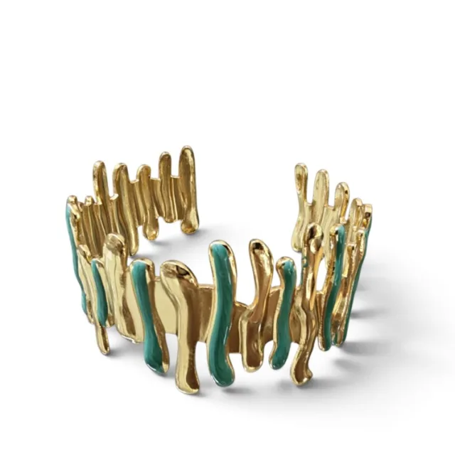 Abstract Vertical Drip Statement Cuff Bangle - Gold-Tone Stainless Steel with Teal Enamel