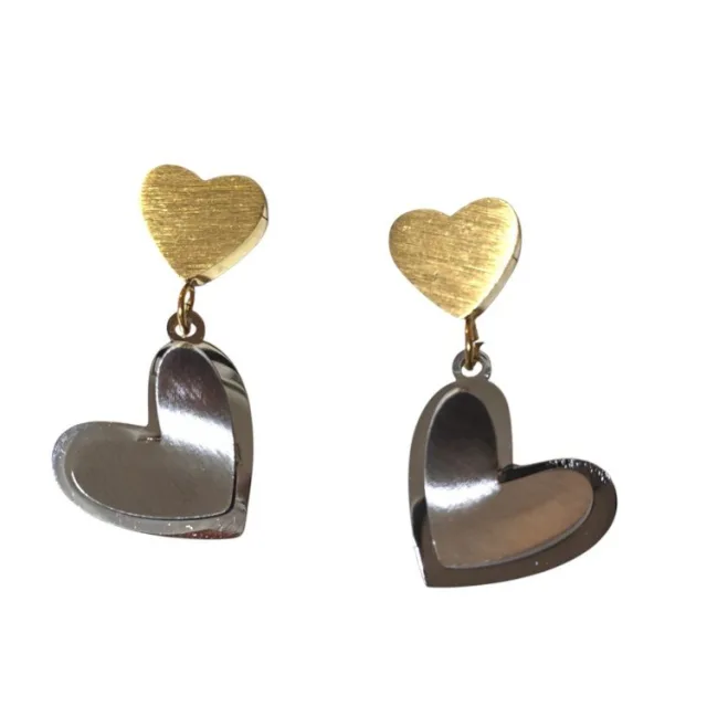Layered Heart Drop Earrings – Brushed & Polished Gold/silver Stainless Steel (28mm)