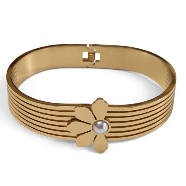 Multi-Strand Slit Flower Hinged Bangle with Faux Pearl - Gold Stainless Steel