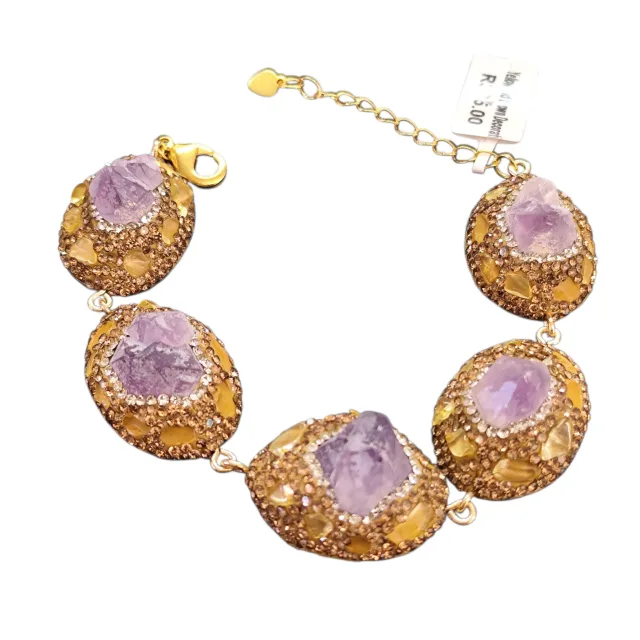 Yellow and brown Decorative Amethyst Statement Bracelet, 20.5cm +3.5cm extension chain