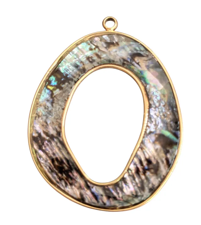 Pendant, stainless steel, open oval with abalone shell inlay, 31mm (Gold)