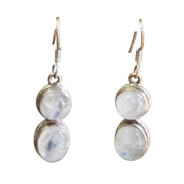 Rainbow Moonstone cabochon dangle earrings, Oval and round cut, set in 925 silver