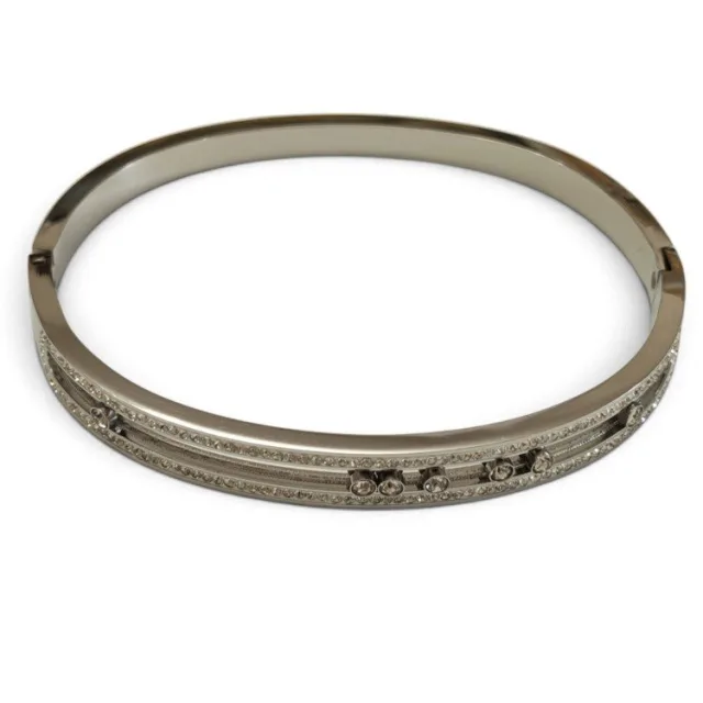 Double-Row pave Crystal Sliding Stone Hinged Bangle - Stainless Steel