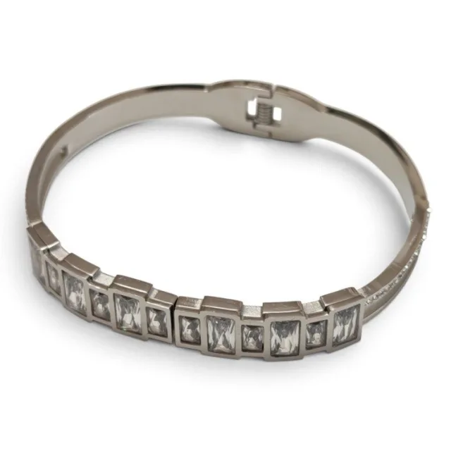 Geometric Emerald-Cut Jewel Hinged Bangle - Stainless Steel