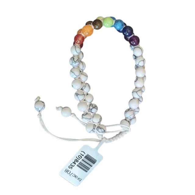 Diagonal Chakra & white howlite bracelet, double row, adjustable, 6.4mm beads