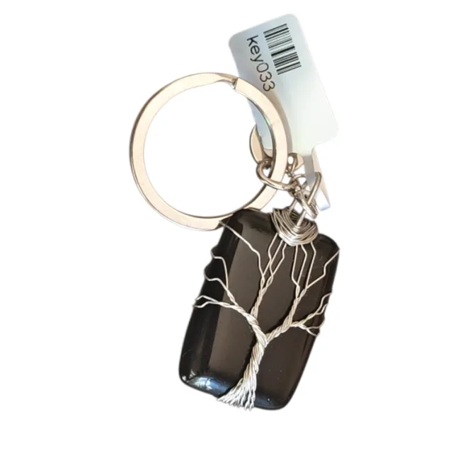 Assorted stone rectangular wire wrapped keychain, 91mm